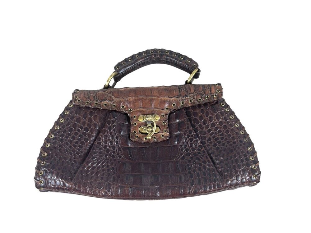 Arden B Embossed Croc Satchel Bag Brown Whipstitch Studded Y2K Purse